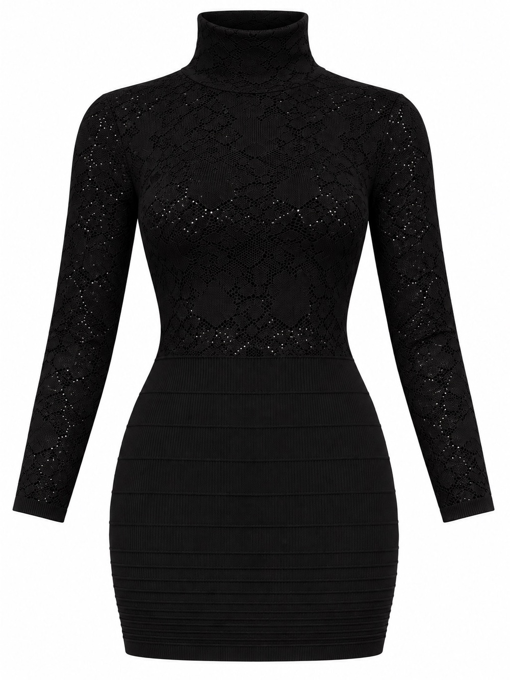 bebe Black Lace Turtleneck Long Sleeve Bodycon Dress
